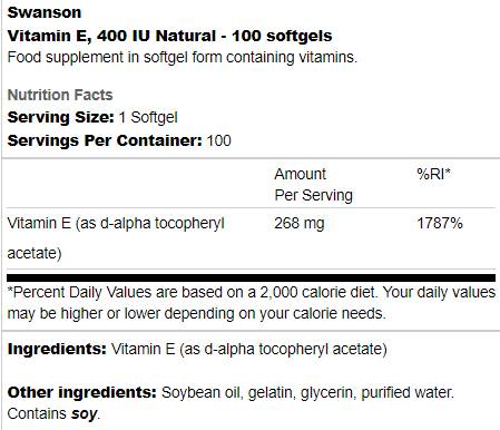 Vitamin E 400 IU Natural 100 Гел капсули  Swanson - Nutra Best Bulgaria