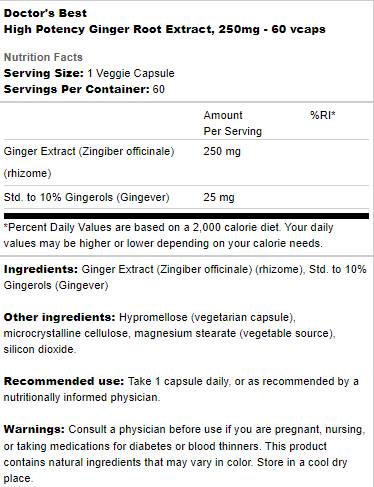 BEST Ginger Root Extract 250 mg | High Potency - 60 капсули  Doctor’s Best - Nutra Best Bulgaria