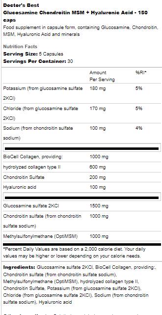 Glucosamine Chondroitin MSM | With Hyaluronic Acid - 150 капсули  Doctor’s Best - Nutra Best Bulgaria
