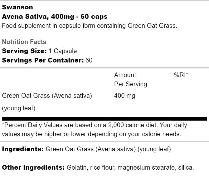 Avena Sativa 400 mg 60 капсули  Swanson - Nutra Best Bulgaria