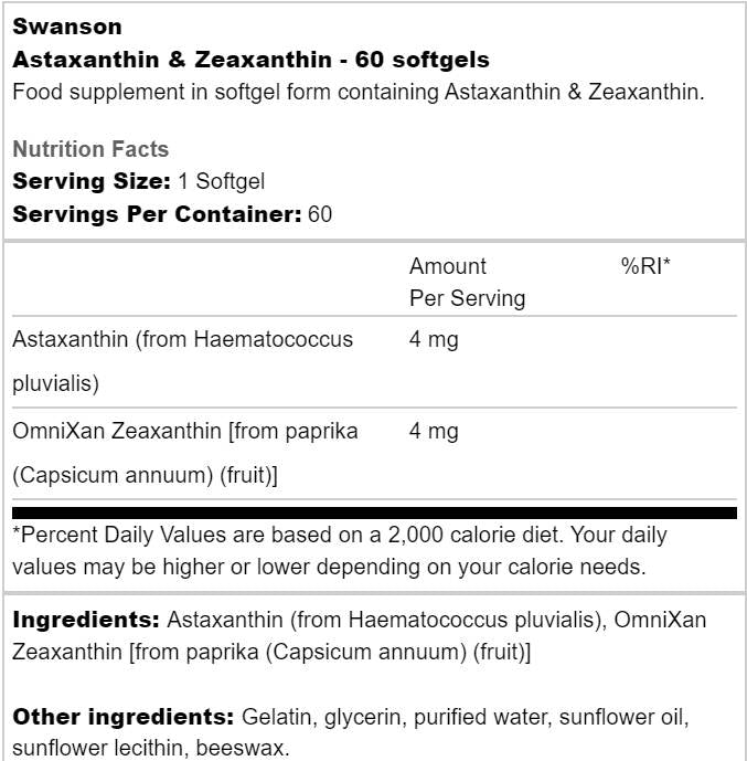 Astaxanthin and Zeaxanthin 60 Гел капсули  Swanson - Nutra Best Bulgaria