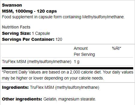 MSM 1000 mg - 120 капсули  Swanson - Nutra Best Bulgaria
