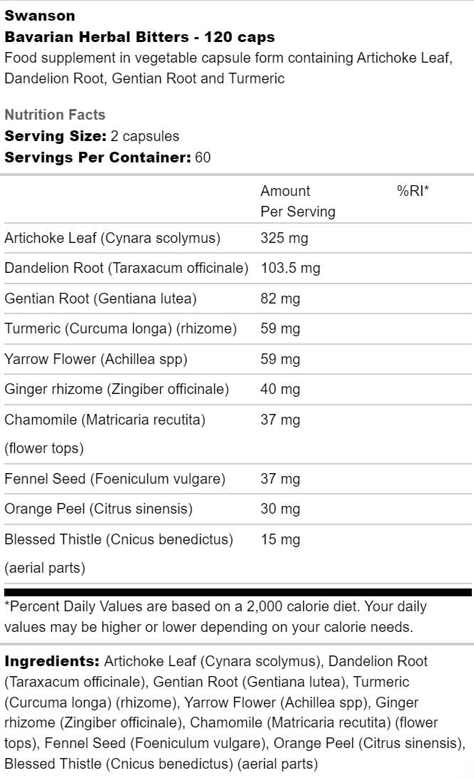 Bavarian Herbal Bitters | Digestive Health 120 капсули  Swanson - Nutra Best Bulgaria