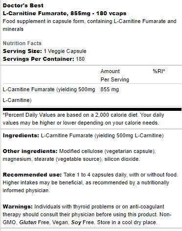 BEST L-Carnitine Fumarate 855 mg - 60 капсули  Doctor’s Best - Nutra Best Bulgaria