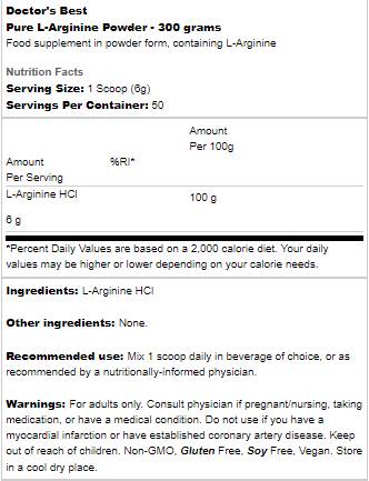 BEST Pure L-Arginine Powder - 300 грама  Doctor’s Best - Nutra Best Bulgaria