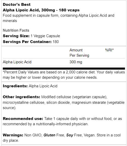BEST Alpha Lipoic Acid 300 mg - 180 капсули  Doctor’s Best - Nutra Best Bulgaria