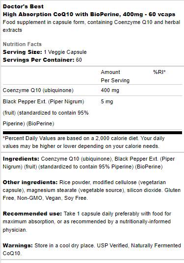 BEST CoQ10 with Bioperine 400 mg - 60 капсули  Doctor’s Best - Nutra Best Bulgaria