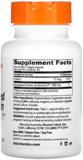Hydrolyzed Keratin 500 mg | with KeraGLO® - 60 капсули  Doctor’s Best - Nutra Best Bulgaria