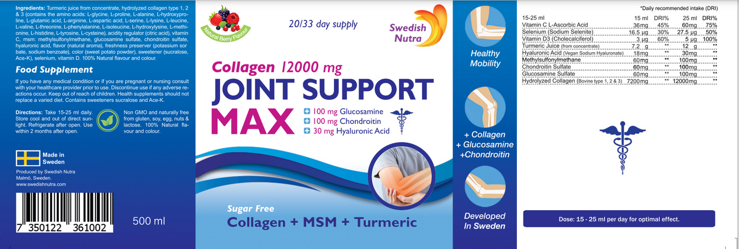 Течен колаген за стави Joint Support MAX 12000 MG - 500 мл  Swedish Nutra - Nutra Best Bulgaria