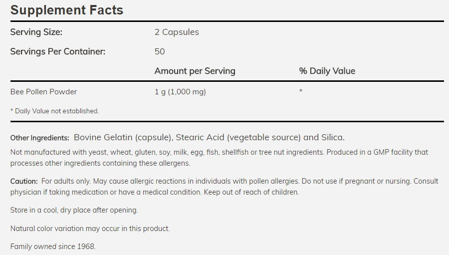 Bee Pollen 500 mg - 250 capsules  NOW Foods - Nutra Best Bulgaria