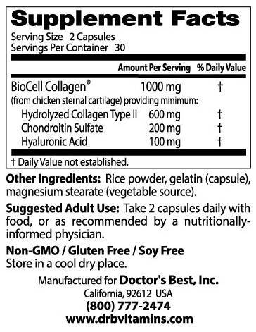 BEST Hyaluronic Acid + Chondroitin Sulfate / with BioCell Collagen - 180 капсули  Doctor’s Best - Nutra Best Bulgaria