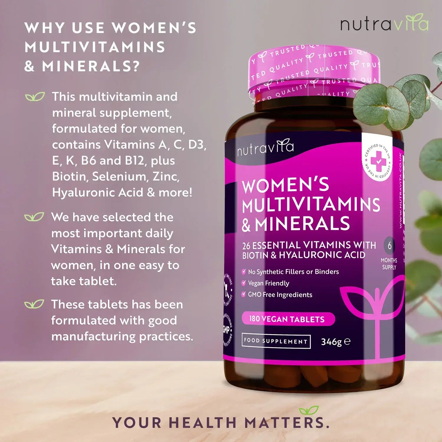 Women's Multivitamins with Biotin and Hyaluronic Acid 180 Vegan Tablets  Nutravita - Nutra Best Bulgaria