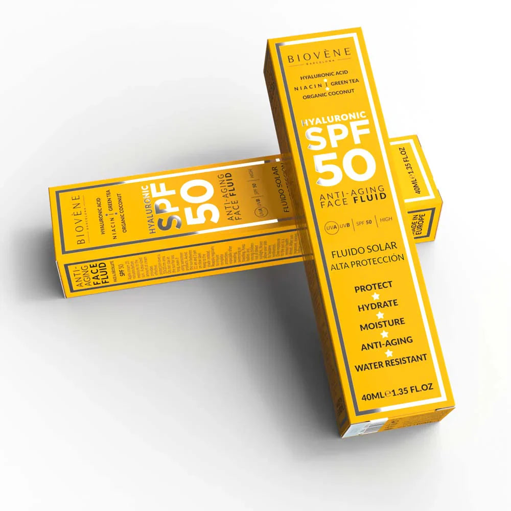 Хидратираща слънцезащита за лице SPF 50 с хиалуронова киселина против стареене - 40 мл  Biovène Barcelona - Nutra Best Bulgaria