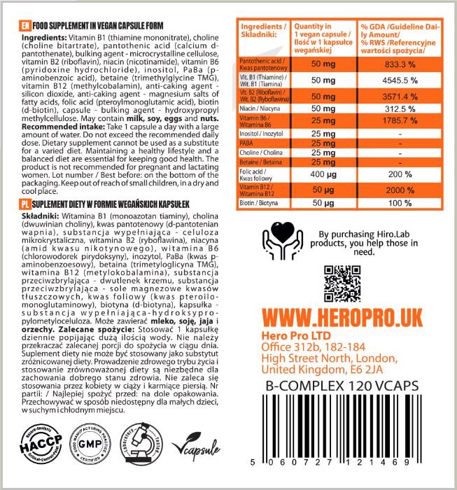 B-Complex B-50 | High Potency 120 капсули  Hero.Lab - Nutra Best Bulgaria