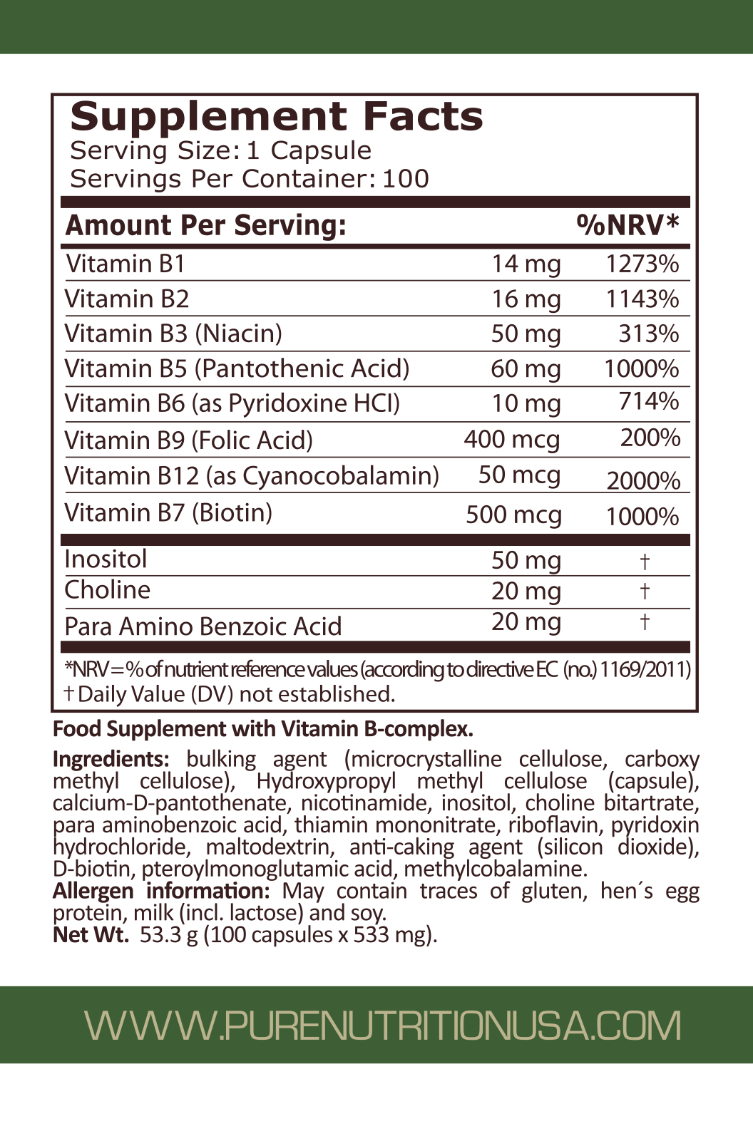 VITAMIN B-COMPLEX - 100 Capsules  Pure Nutrition - Nutra Best Bulgaria
