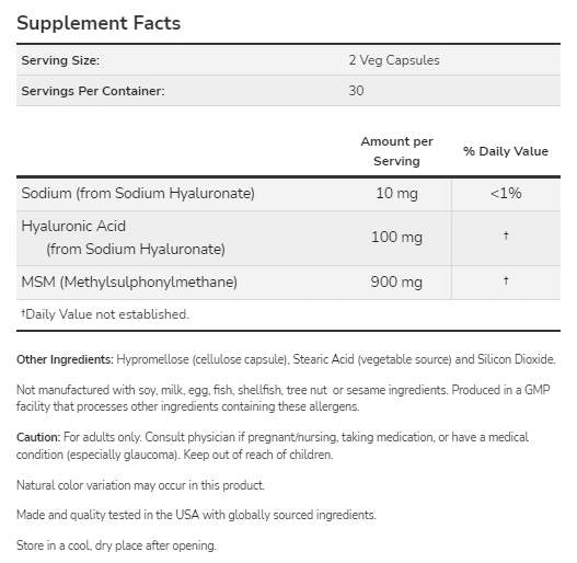 Hyaluronic Acid 50 mg | with MSM - 120 капсули  NOW Foods - Nutra Best Bulgaria