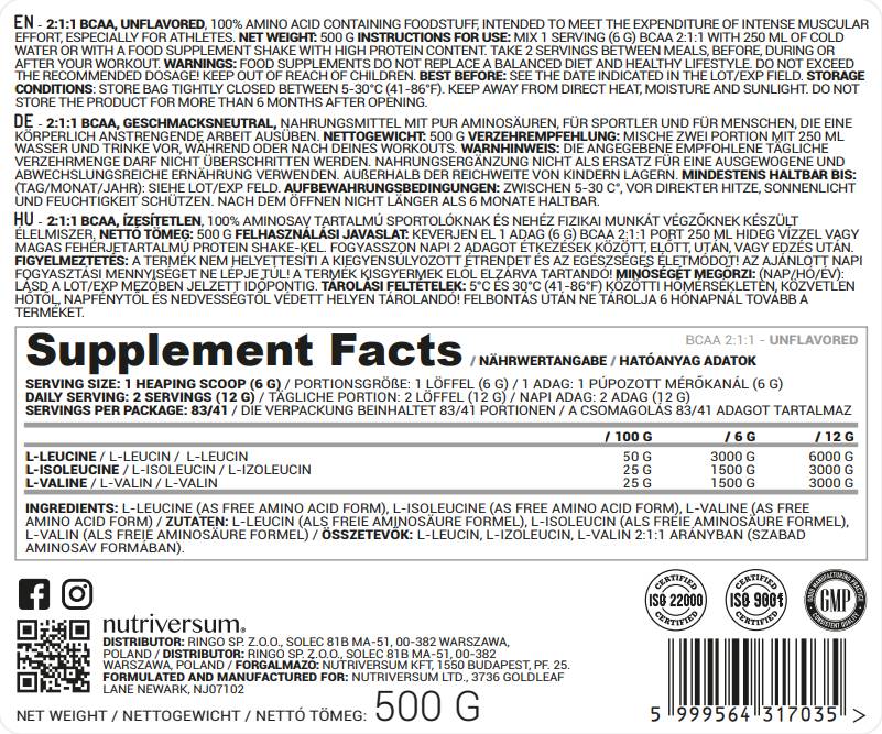 BCAA 2:1:1 Powder - 500 грама  Nutriversum - Nutra Best Bulgaria