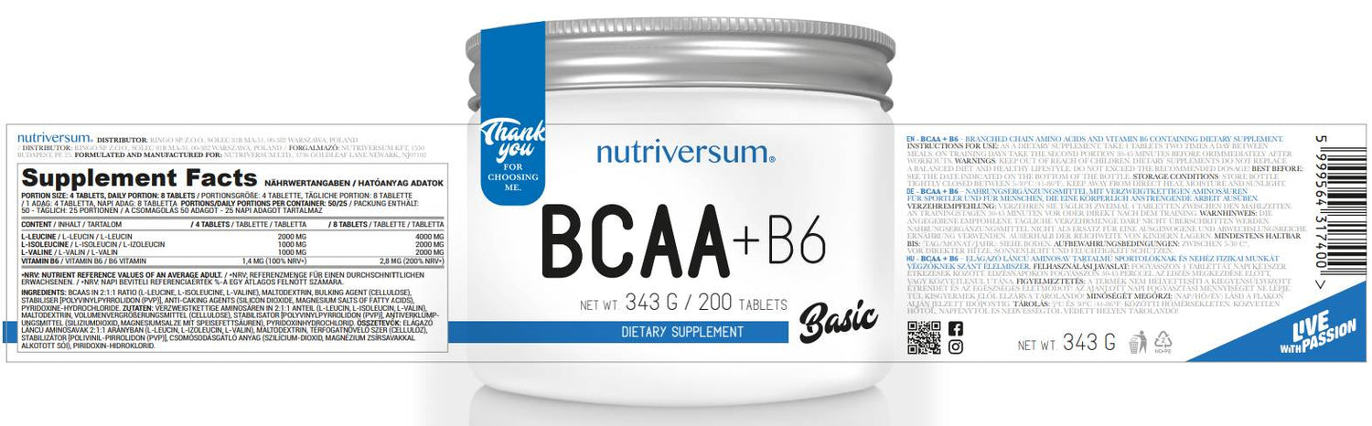 BCAA + B6 Tablets - 200 Таблетки  Nutriversum - Nutra Best Bulgaria