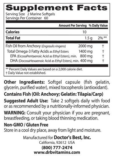 BEST Omega 3 Fish Oil 1000 mg / Purified & Clear - 120 Гел капсули  Doctor’s Best - Nutra Best Bulgaria