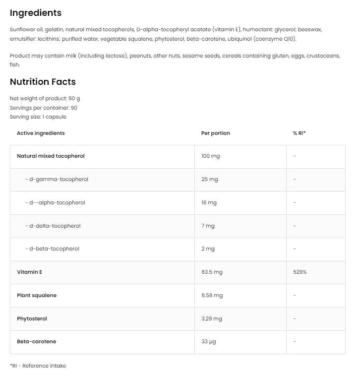Vitamin E / Natural Tocopherols Complex 90 Гел капсули  OstroVit - Nutra Best Bulgaria