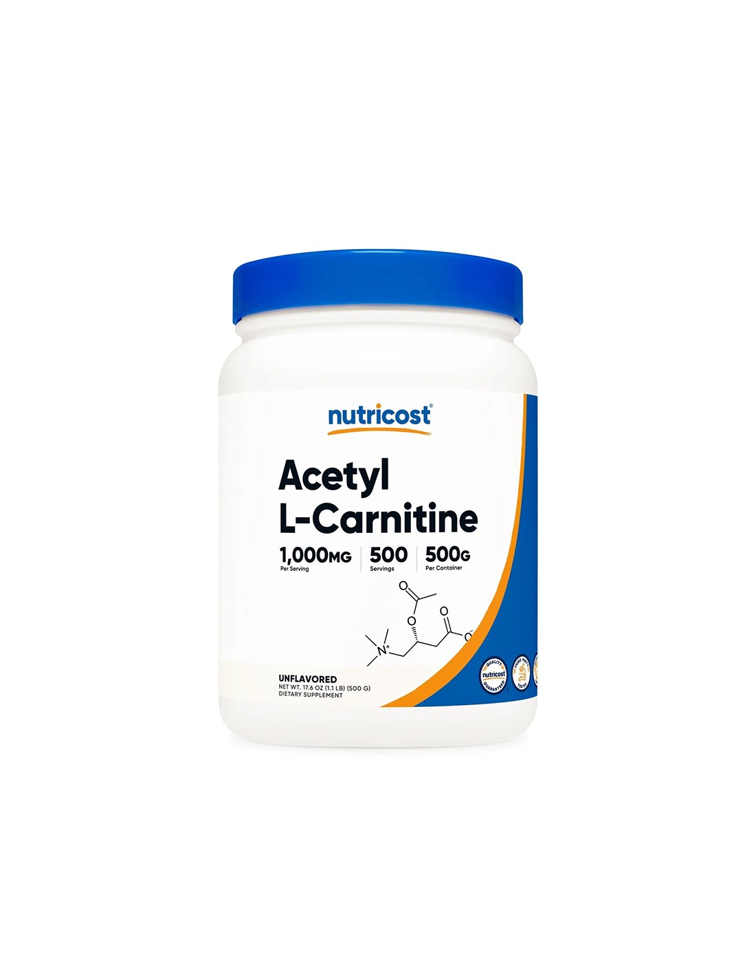 Горене на мазнини и мускулна сила - Ацетил L-Карнитин, 1000 mg х 500 g, прах  Nutricost - Nutra Best Bulgaria