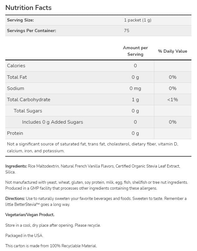 Better Stevia® Packets | French Vanilla - 75 Пакета  NOW Foods - Nutra Best Bulgaria