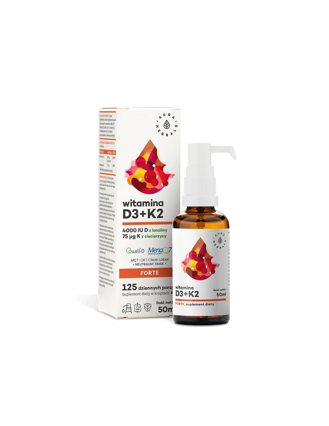 Кости и стави - Витамин D3 1000 IU + K2 18.75 µg Форте, 50 ml орален спрей  Aura Herbals - Nutra Best Bulgaria