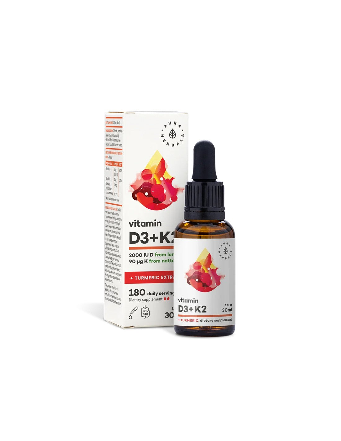Кости и стави - Витамин D3 800 IU + K2 36 µg + Куркума, 30 ml капки  Aura Herbals - Nutra Best Bulgaria