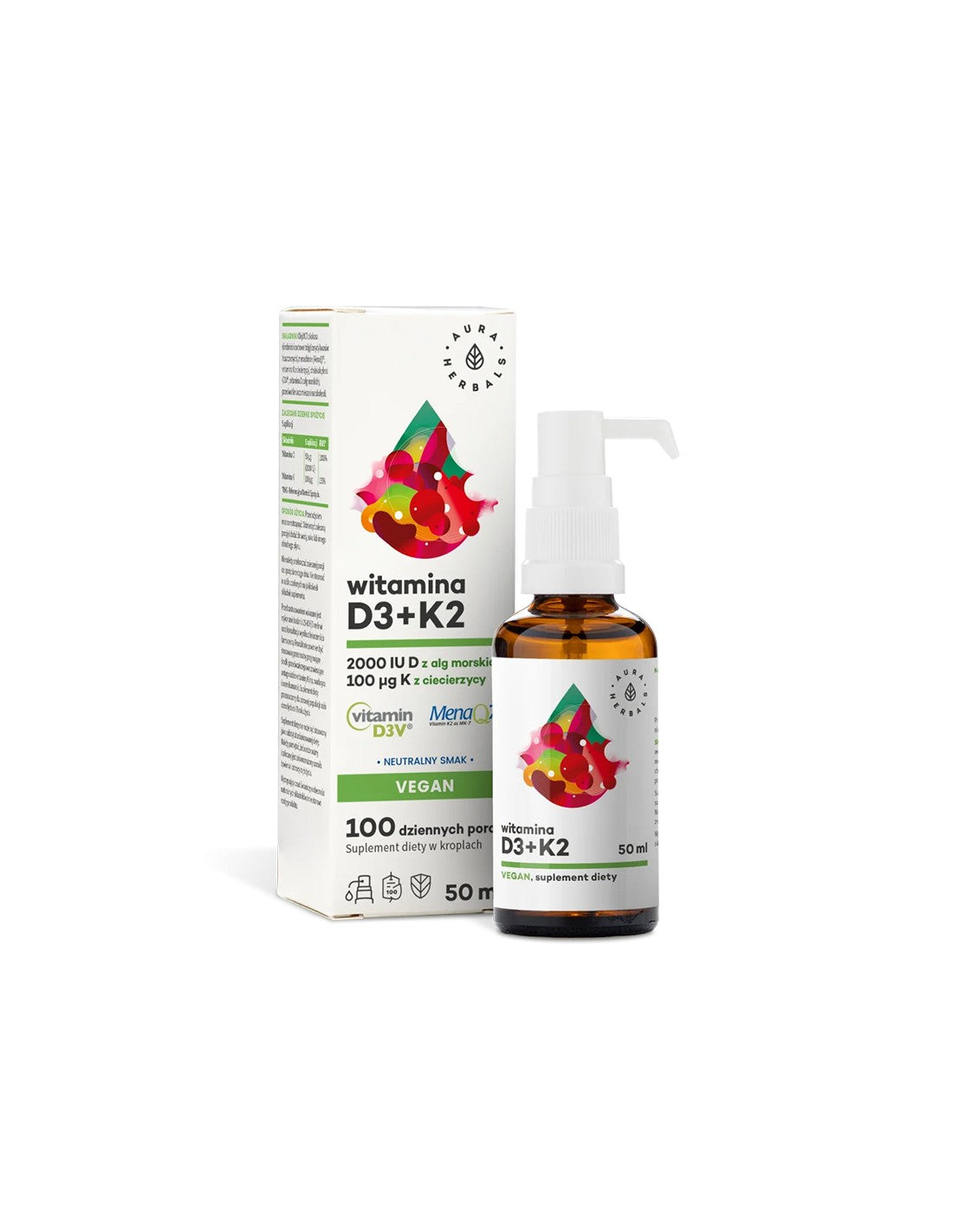 Кости и стави - Витамин D3 + K2 (веган формула), 50 ml капки  Aura Herbals - Nutra Best Bulgaria