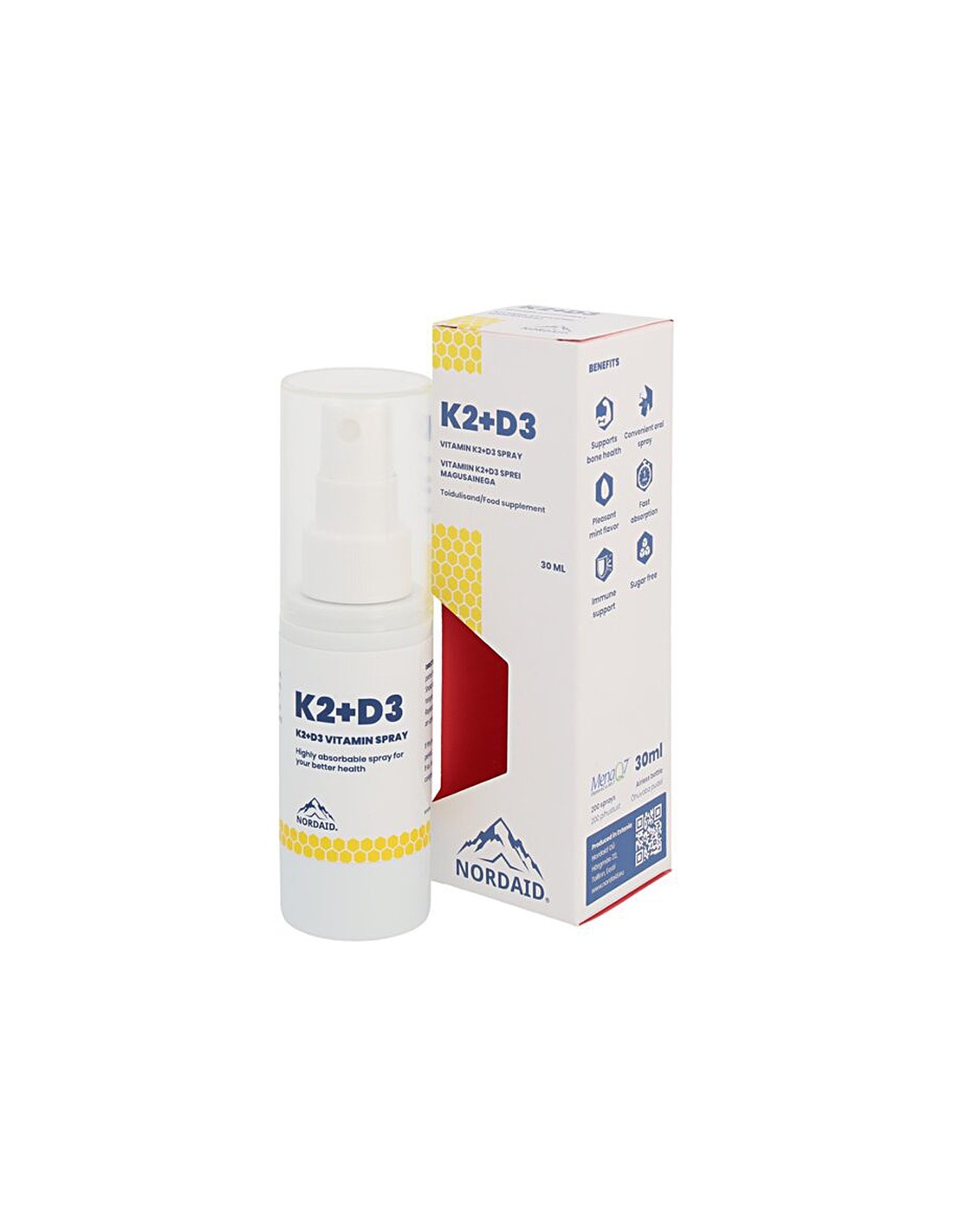 Витамини К2 (20 µg) + D3 (800 IU) - Здраве за сърцето и костите, силен имунитет, Спрей за уста, 30 ml, 200 впръсквания  Nordaid - Nutra Best Bulgaria