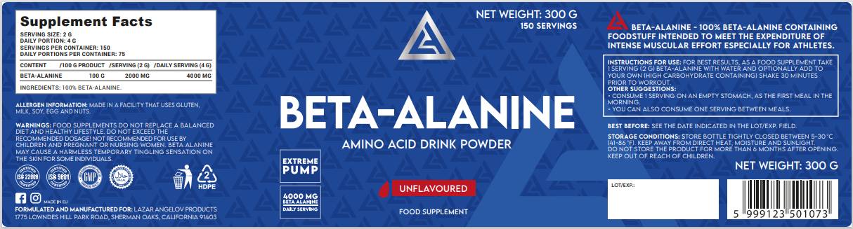 LA  Beta-Alanine Powder - 300 грама  Lazar Angelov Nutrition - Nutra Best Bulgaria