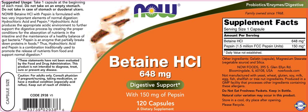 Betaine HCl 648 mg - 120 капсули  NOW Foods - Nutra Best Bulgaria