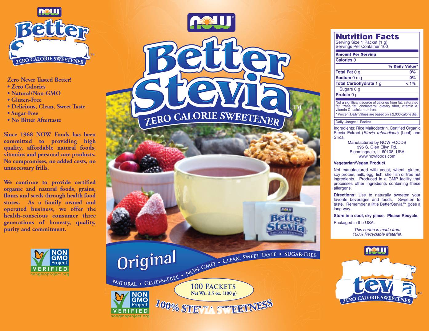 Better Stevia® Original Packets - 100 Пакета  NOW Foods - Nutra Best Bulgaria