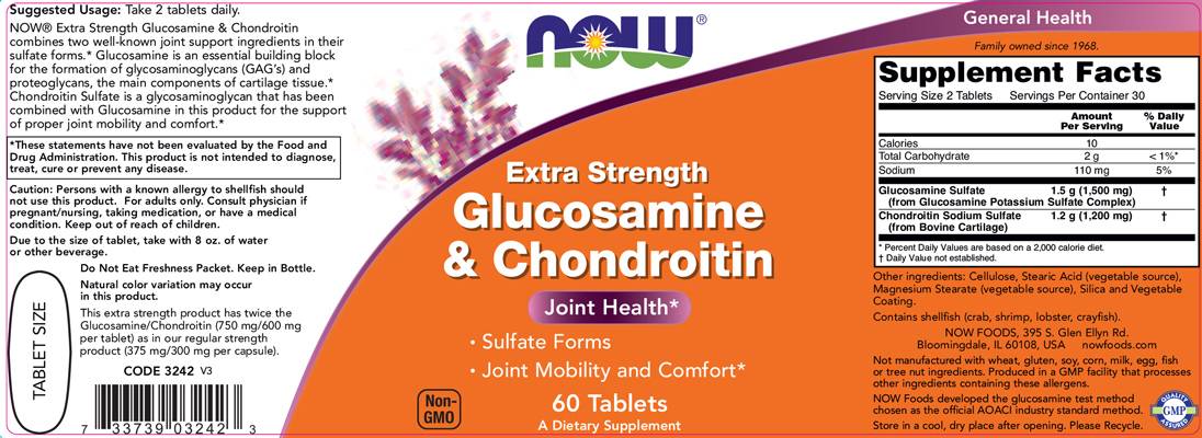 Glucosamine & Chondroitin / Extra Strength - 60 Таблетки  NOW Foods - Nutra Best Bulgaria