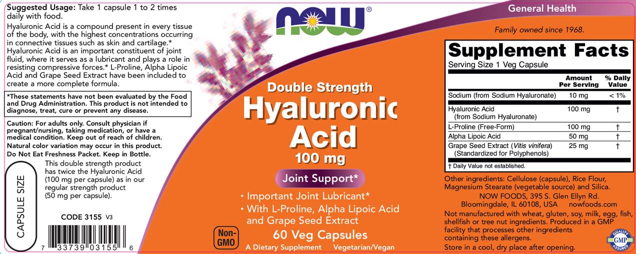 Hyaluronic Acid 100 mg - 60 капсули  NOW Foods - Nutra Best Bulgaria