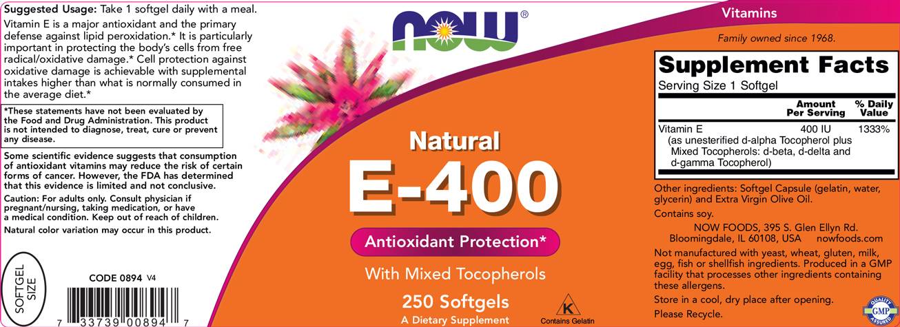 Vitamin E-400 IU MT - 250 Гел капсули  NOW Foods - Nutra Best Bulgaria