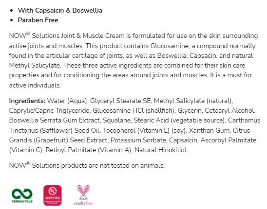 Joint & Muscle Cream | with Glucosamine, Boswellia and Capsaicin - 118 мл  NOW Foods - Nutra Best Bulgaria