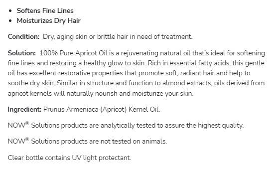 Apricot Oil | 100% Moisturizing Oil - 118 мл  NOW Foods - Nutra Best Bulgaria