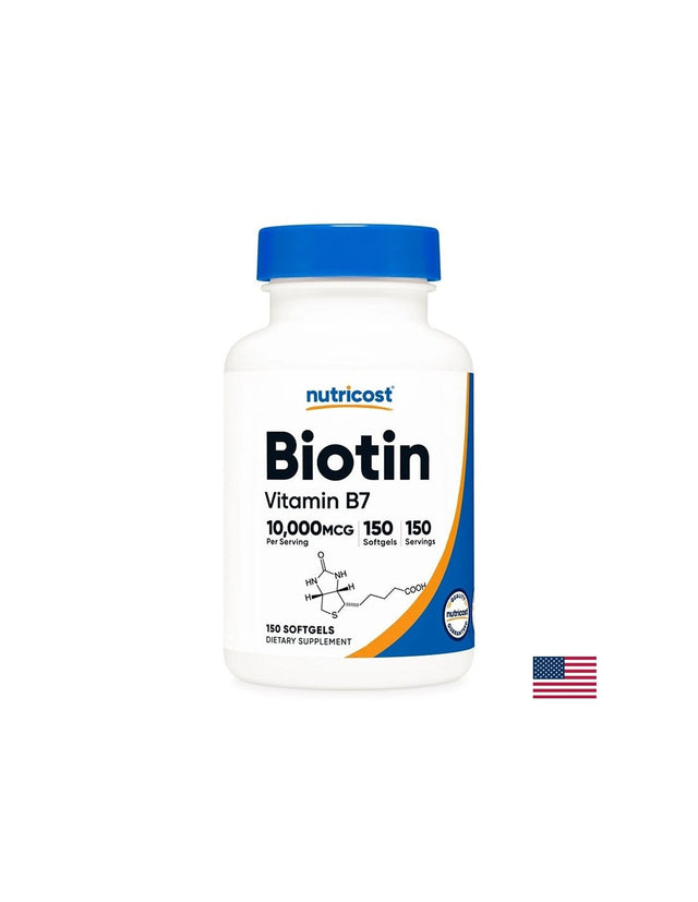 Коса, кожа и нокти - Биотин, 10000 µg х 150 софтгел капсули  Nutricost - Nutra Best Bulgaria