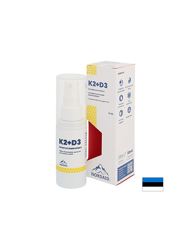 Витамини К2 (20 µg) + D3 (800 IU) - Здраве за сърцето и костите, силен имунитет, Спрей за уста, 30 ml, 200 впръсквания  Nordaid - Nutra Best Bulgaria