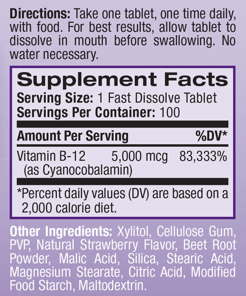 Vitamin B-12 5000mcg Fast Dissolve / 100tabs. - Nutra Best
