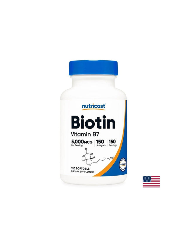Коса, кожа и нокти - Биотин, 5000 µg х 150 софтгел капсули  Nutricost - Nutra Best Bulgaria