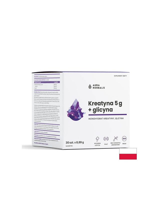 Креатин 5000 mg + Глицин 3000 mg Сила, издръжливост и мускулно възстановяване 30 сашета  Aura Herbals - Nutra Best Bulgaria