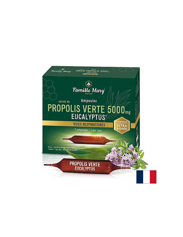 Зелен прополис 5000 mg + пчелен мед и евкалипт – Имунитет и облекчение за гърлото, 7 ампули за пиене  Famille Mary - Nutra Best Bulgaria