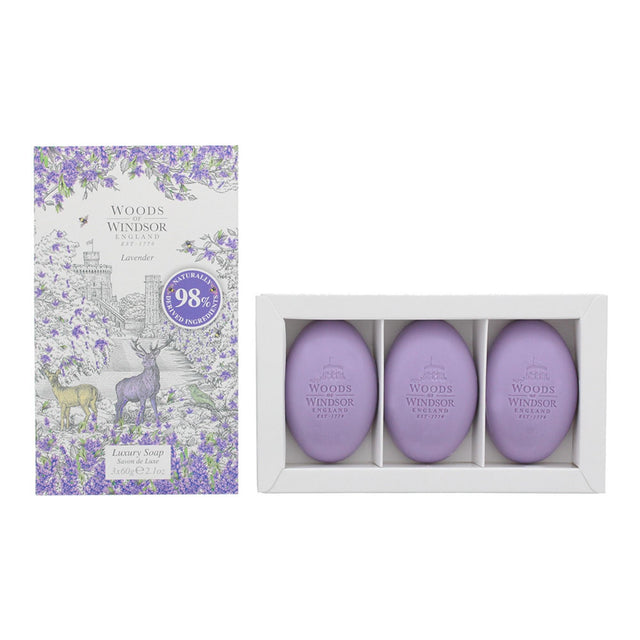 Трио комплект, Woods Of Windsor, Lavender, Почистване, Лавандула, Сапун за масаж, Масло от шеа, 3 бр, 60 г