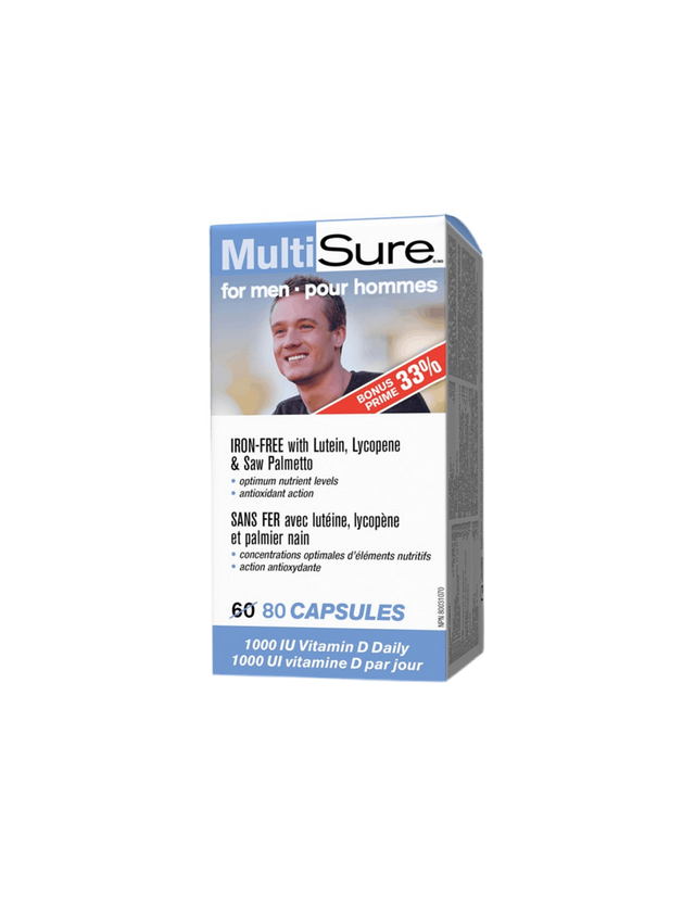 MultiSure® Men / Мултивитамини за мъже (с лутеин, ликопен и сао палмето), 80 капсули - Nutra Best Bulgaria