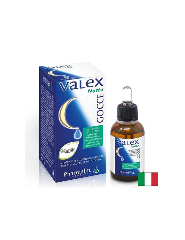 Валериана 80 mg + Мелатонин 1 mg + Калифорнийски мак – За по-бързо заспиване, Valex Notte Gocce, 50 ml капки  Pharmalife Research - Nutra Best Bulgaria