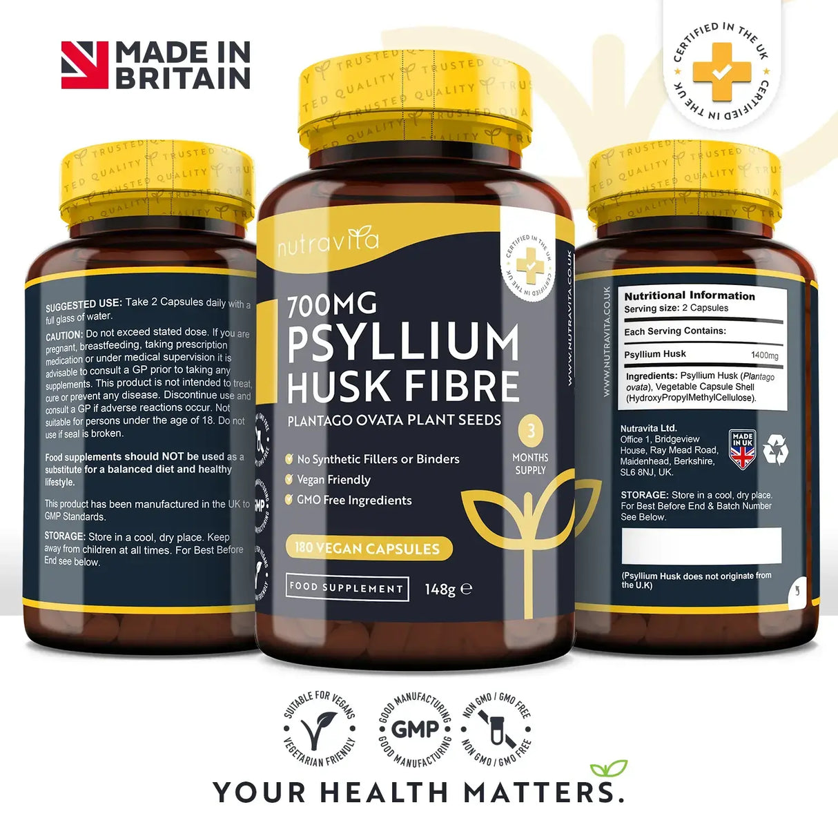 Psyllium Husk Fibre 700mg 180 Vcaps Nutravita - Nutra Best