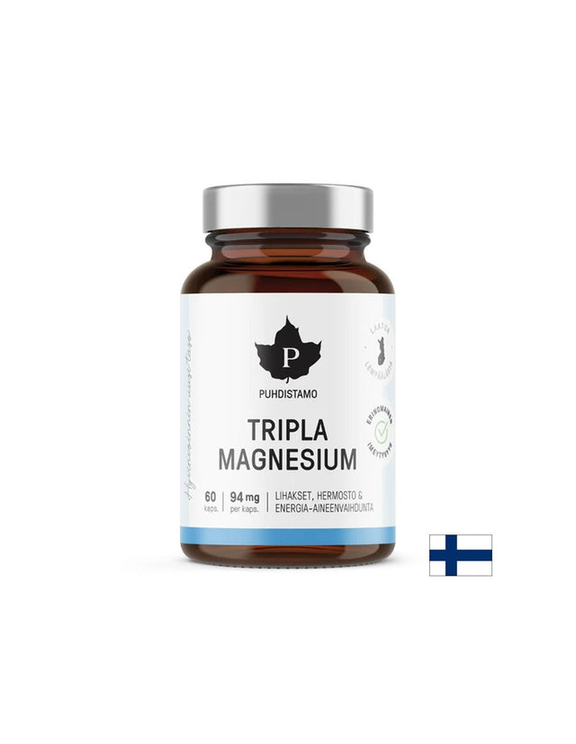 Мускулна, сърдечна и нервна система - Магнезий (малат, бисглицинат, таурат), 94 mg х 60 капсули  Puhdistamo - Nutra Best Bulgaria