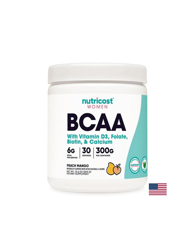 Верижно-разклонени аминокиселини BCAA + витамин D3, Фолиева киселина , биотин, калций (за жени), 300 g прах с вкус на манго  Nutricost - Nutra Best Bulgaria